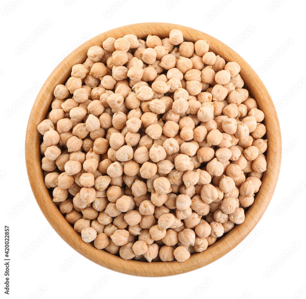 Chickpeas in bowl on white background, top view. Natural food Chickpeas in bowl on white background, top view. Natural food