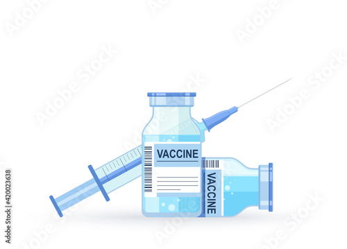 Medical disposable syringe with needle and vial of vaccine against virus. Vaccination coronavirus covid-19.