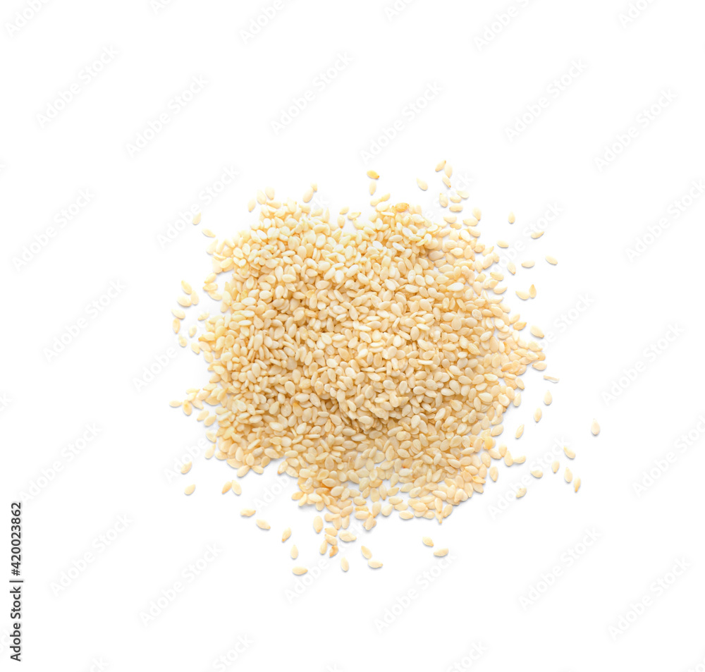 Pile of sesame seeds on white background, top view Pile of sesame seeds on white background, top view