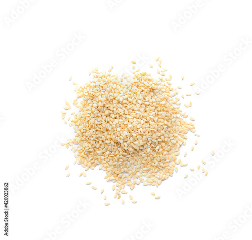 Pile of sesame seeds on white background, top view