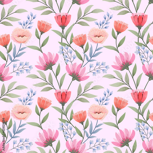 Floral seamless pattern with pink monochrome background for fabric  textile  and wallpaper.