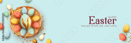 Festive Easter horizontal banner, template header for website. Realistic 3d design elements. Spring holiday. Easter eggs in basket. View from above. Blue background. Vector illustration