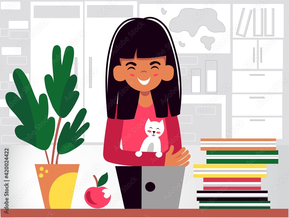 Remote online distance education. The girl studies at home at the computer. Home schooling, self-isolation Remote online distance education. The girl studies at home at the computer. Home schooling, self-isolation