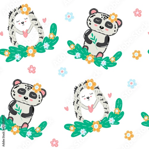 Kids seamless pattern with cute hedgehog and panda. Children wallpaper for playroom and bedroom. Vector illustration