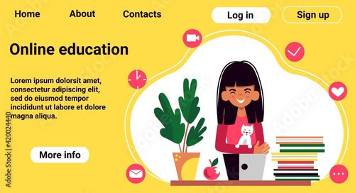 Online distance education landing page for web site. The girl studies at home at the computer. Home schooling