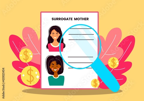 Search and selection of a surrogate mother for the birth of a child. Vector illustration.