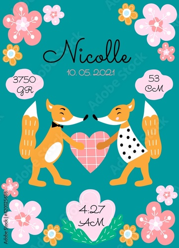 Personalize newborn baby metric poster with cute foxes and heart. Date, cm, gr, time
