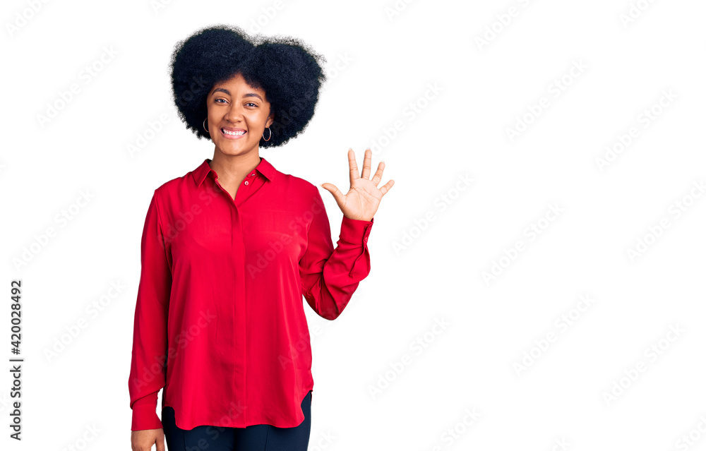 Young african american girl wearing casual clothes showing and pointing up with fingers number five while smiling confident and happy. Young african american girl wearing casual clothes showing and pointing up with fingers number five while smiling confident and happy.