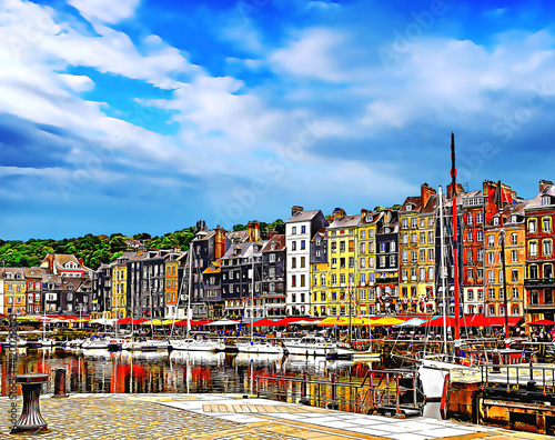 Building and waterfront of Honfleur harbor in Normandy, France. Sketch illustration.