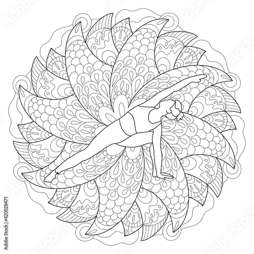 Coloring book page mandala with yoga pose asanas. Yoga school coloring page. Use for adults and children as art therapy.