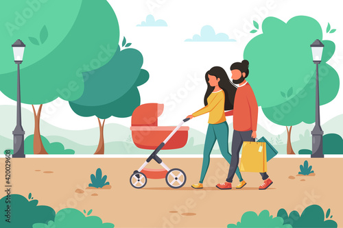 Family with baby carriage walking in the park. Outdoor activity. Vector illustration