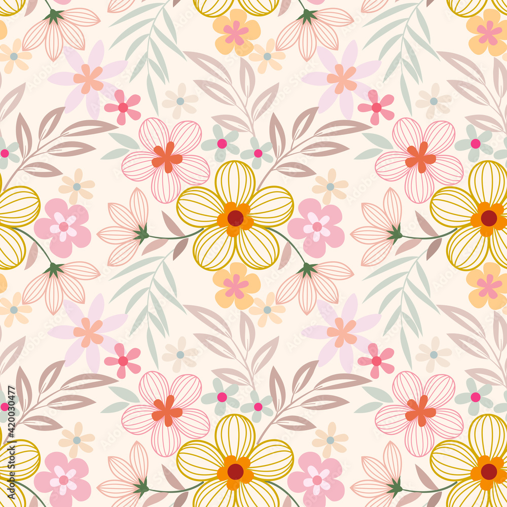 Floral seamless pattern with pink monochrome background for fabric, textile, and wallpaper.