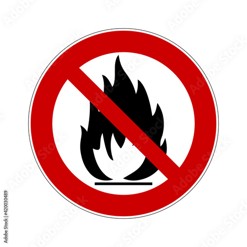 No fire prohibition sign. Vector illustration of red crossed out circle sign with fire flame icon inside. No bonfire allowed. Campfire symbol.