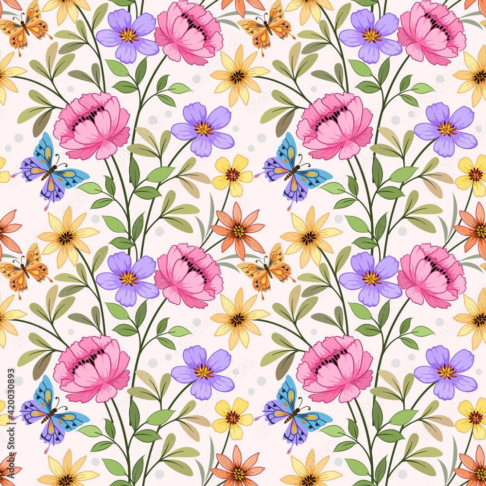 Floral seamless pattern with pink monochrome background for fabric, textile, and wallpaper. Floral seamless pattern with pink monochrome background for fabric, textile, and wallpaper.