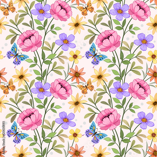 Floral seamless pattern with pink monochrome background for fabric, textile, and wallpaper. © Orlandoit
