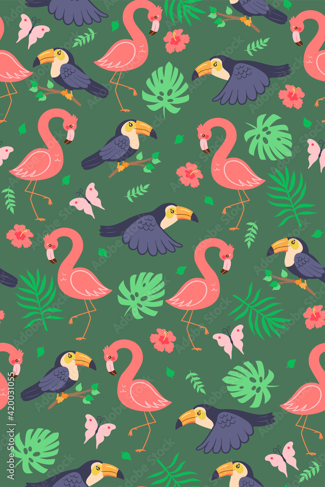 Seamless pattern with cute toucans and flamingos. Vector graphics.