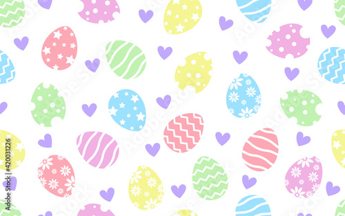 Seamless pattern of happy easter decorated with colorful easter eggs and heart on white background.