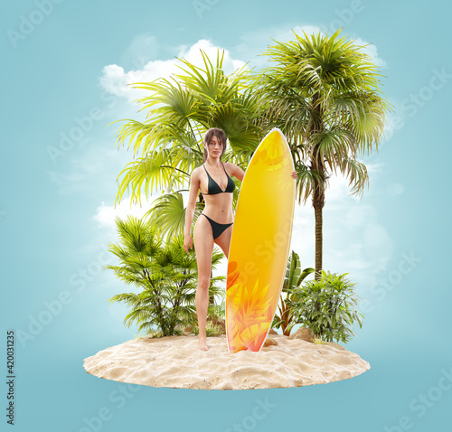 Unusual 3d illustration of beautiful slender female with surfboard on tropica...