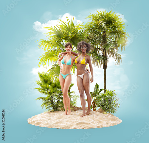Unusual 3d illustration of beautiful slender women on a tropical island at th...