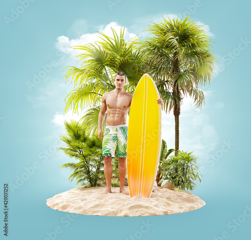 Unusual 3d illustration of a attractive fit man with surfboard on a tropical ...