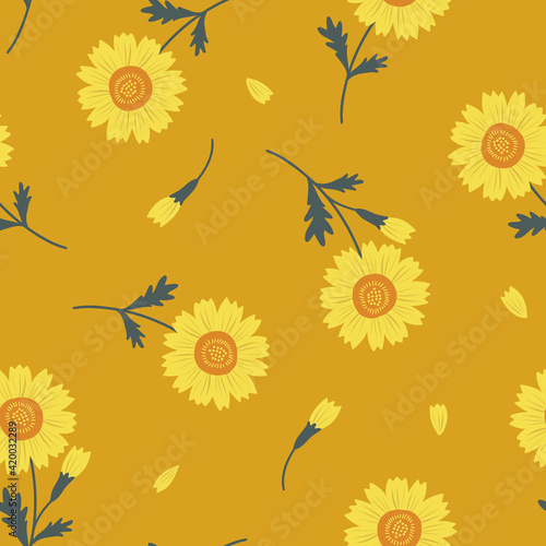 Meadow Corn Marigold wildflower seamless vector pattern. Boho botanical floral daisy background. Delicate field flower and petals herbarium illustration.