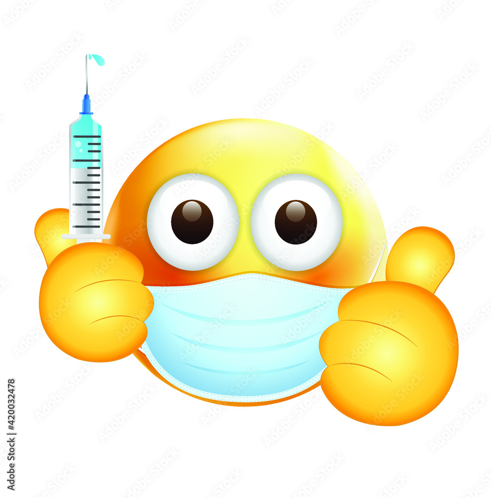 Vetor de High quality emoticon on white background. Emoji with Vaccine syringe. Face With