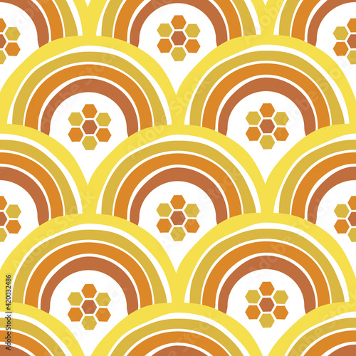 Honey rainbow vector seamless pattern. Honey-hued arc honeycomb shapes abstract geometric surface print design.