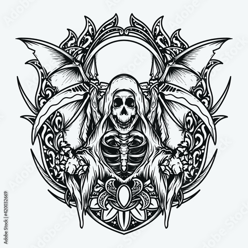 tattoo and t-shirt design black and white hand drawn illustration reaper engraving ornament