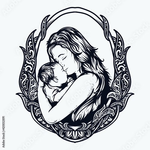 artwork illustration and t-shirt design black and white hand drawn  mother and baby engraving ornament for mothers day 