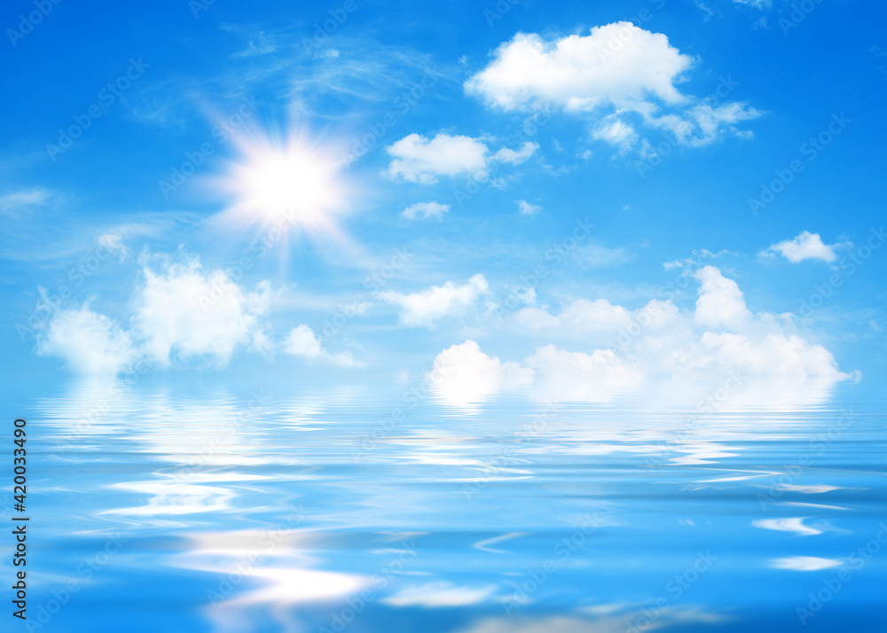 Natural sunny background, blue sky with white cumulus clouds and shining sun.