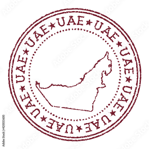UAE round rubber stamp with country map. Vintage red passport stamp with circular text and stars, vector illustration.