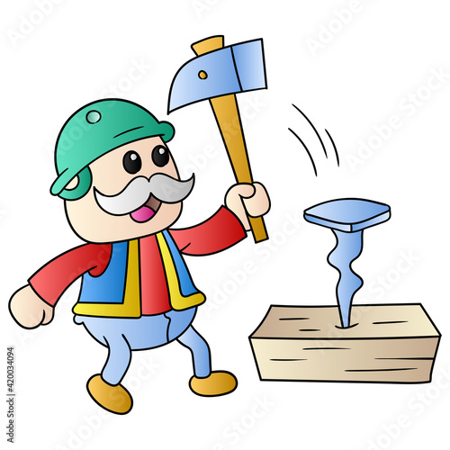 the old carpenter is hitting the nails in the wood with a hammer, doodle icon image kawaii