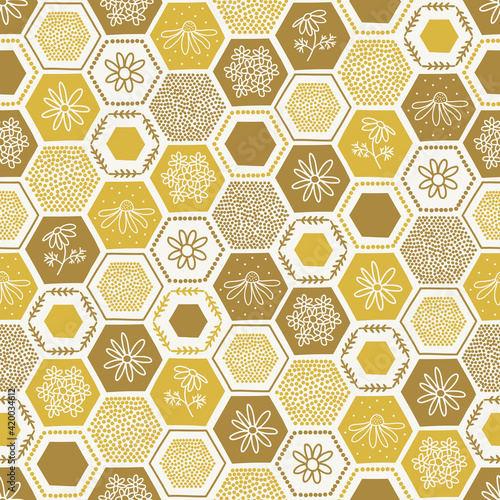 Daisy floral dotty honeycomb tiled vector seamless pattern. Folksy hexagonal mosaic tessellated ornament. Decorative honeycomb tiles surface print design