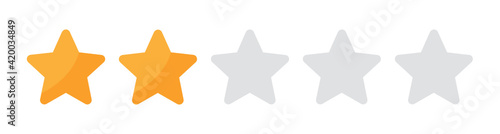 Two gold stars quality rating vector icon. Golden star vote illustration. 2 yellow star review quality.