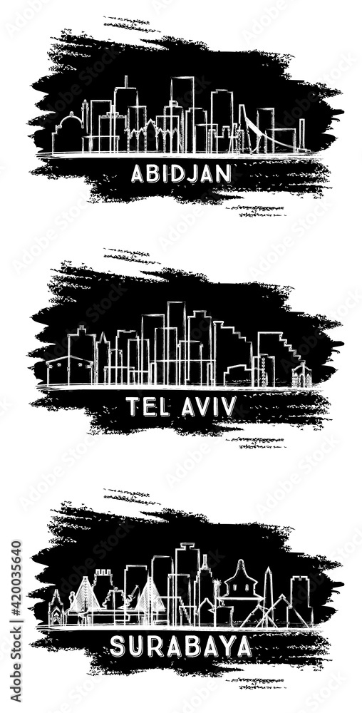 Obraz premium Tel Aviv Israel, Surabaya Indonesia and Abidjan Ivory Coast City Skyline Silhouette Set.