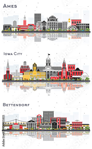 Iowa City, Bettendorf and Ames Iowa Skyline Set.