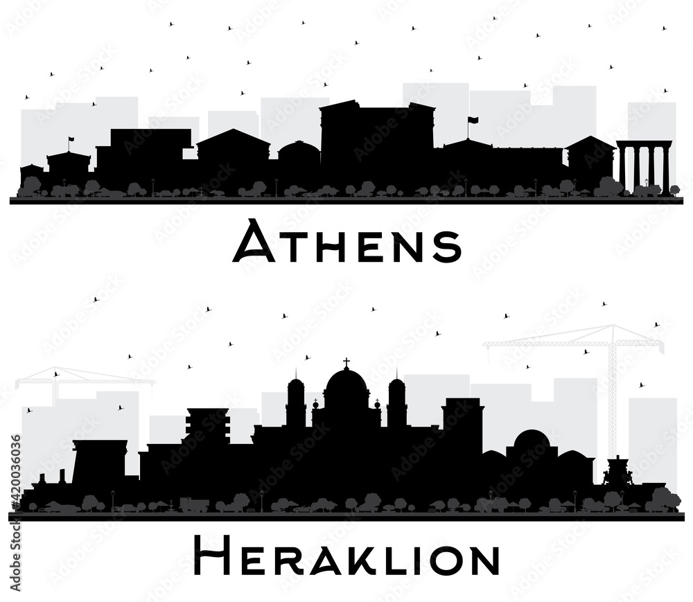 Heraklion and Athens Greece City Skyline Silhouette Set.