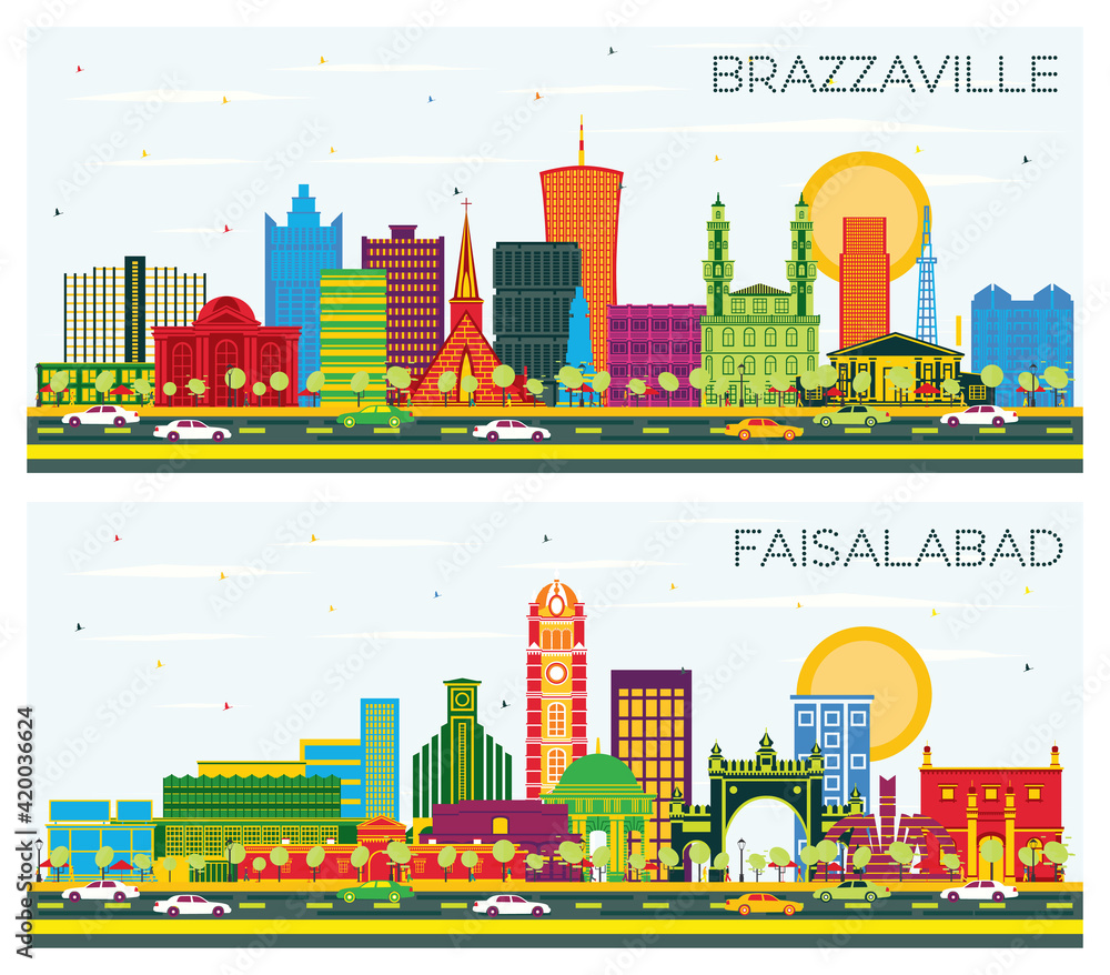 Faisalabad Pakistan and Brazzaville Republic of Congo City Skyline Set.