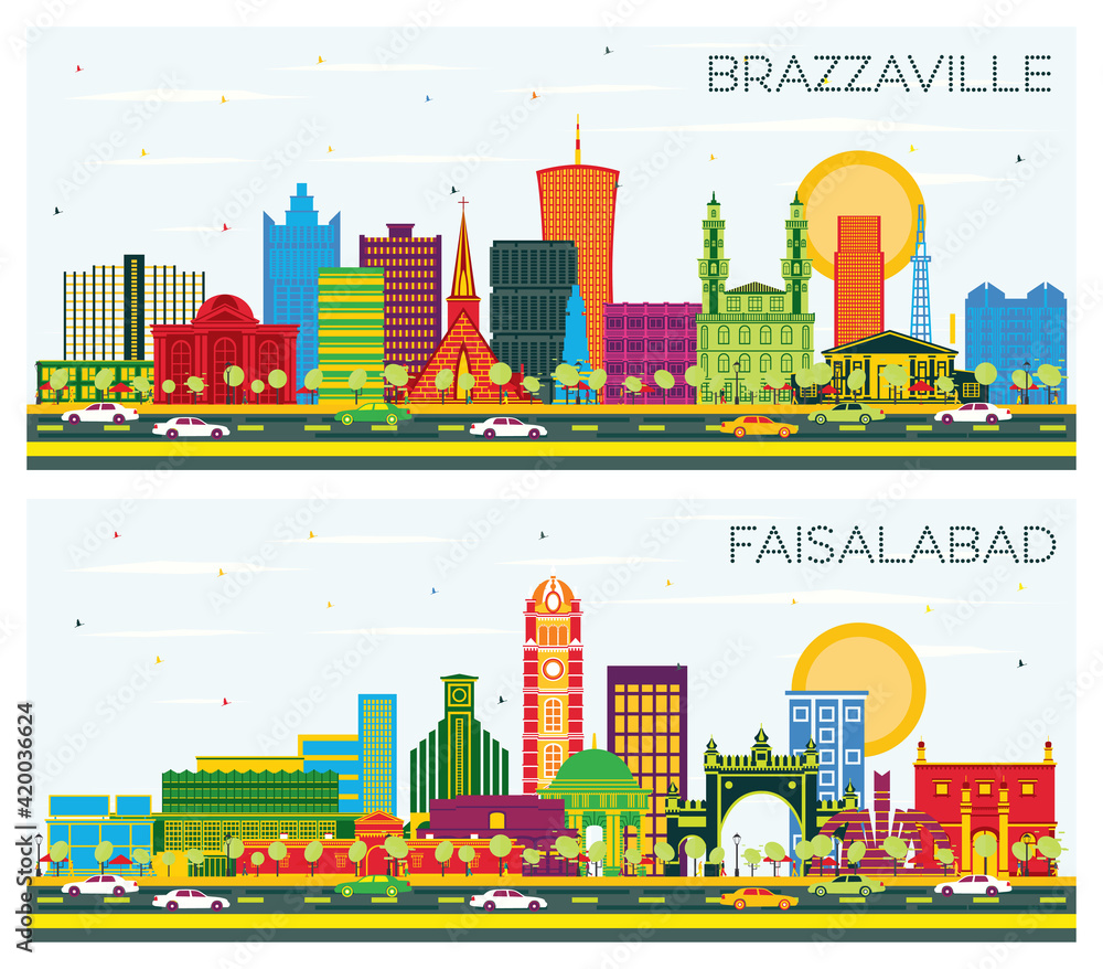 Faisalabad Pakistan and Brazzaville Republic of Congo City Skyline Set. Faisalabad Pakistan and Brazzaville Republic of Congo City Skyline Set.