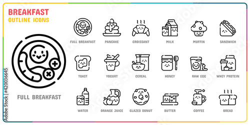 Breakfast outline icon set