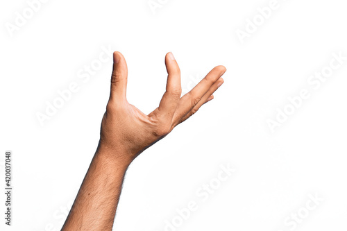 Photography Hand of caucasian young man showing fingers over isolated white background picki