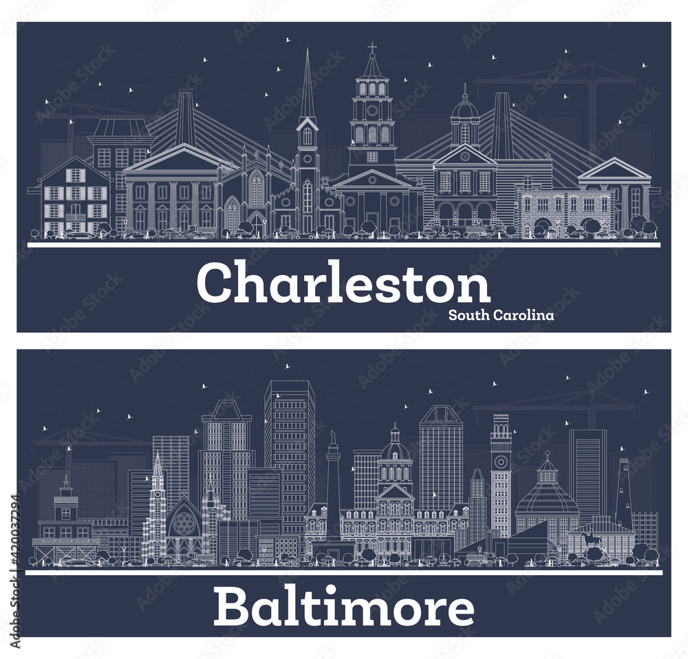 Outline Baltimore Maryland and Charleston South Carolina City Skyline Set.