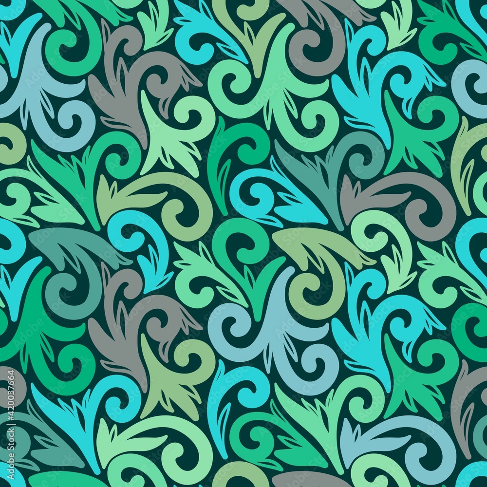 DARK GREEN SEAMLESS BACKGROUND WITH COLORFUL PATTERNS DARK GREEN SEAMLESS BACKGROUND WITH COLORFUL PATTERNS