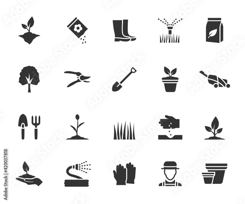 Vector set of gardening flat icons. Contains icons plant, grass, garden tool, fertilizer, gardener, lawn mower, tree and more. Pixel perfect.