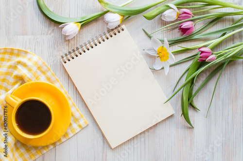 blank notepad with place for your text, Morning coffee in bright yellow cup. Fresh garden pink and white tulips, spring flowers on white wooden background, top view from above