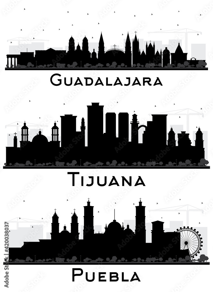 Puebla, Tijuana and Guadalajara Mexico City Skyline Silhouette Set.