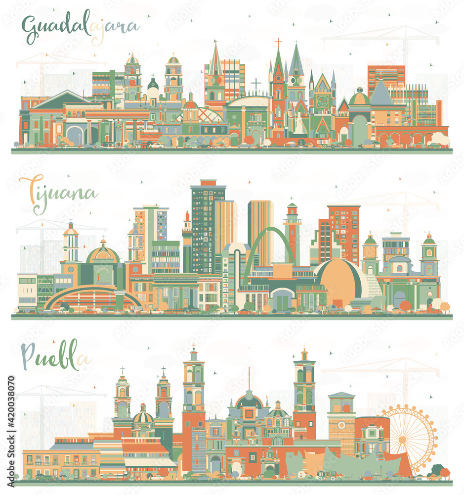 Tijuana, Puebla and Guadalajara Mexico City Skyline Set.
