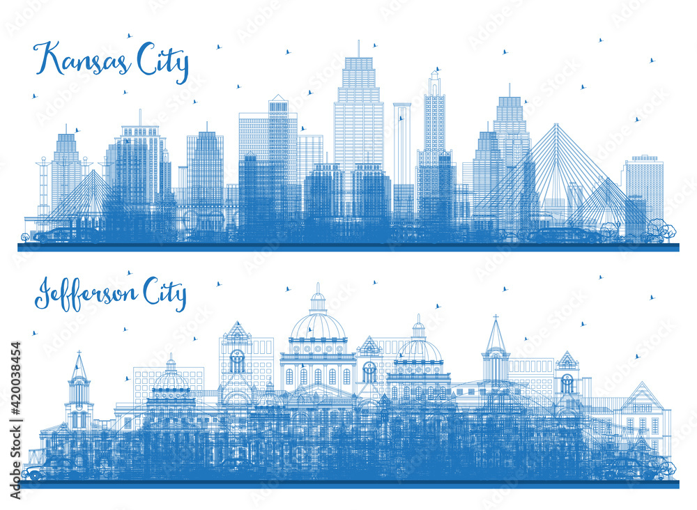 Outline Jefferson City and Kansas City Missouri Skyline Set.