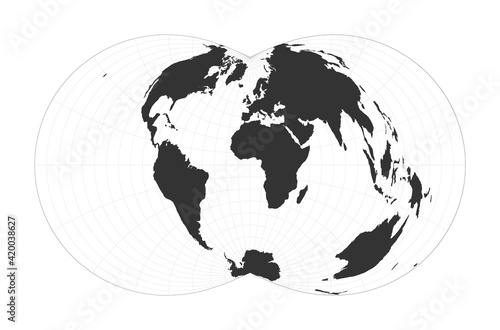 Map of the world. Rectangular (War Office) polyconic projection. Globe with latitude and longitude net. World map on meridians and parallels background. Vector illustration.