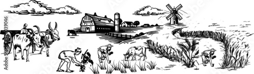 Rural landscape field wheat, Bullock, Tractor, Cow, wind power, house, trees, plant, fences, Tuscany Landscape, old Barn, Hand drawn vintage vector Illustration.